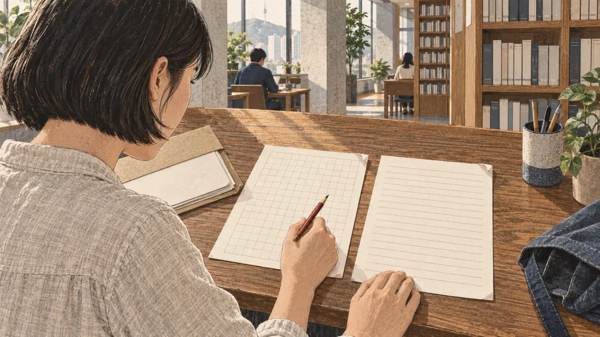 Selecting and using Korean printable study sheets: scene