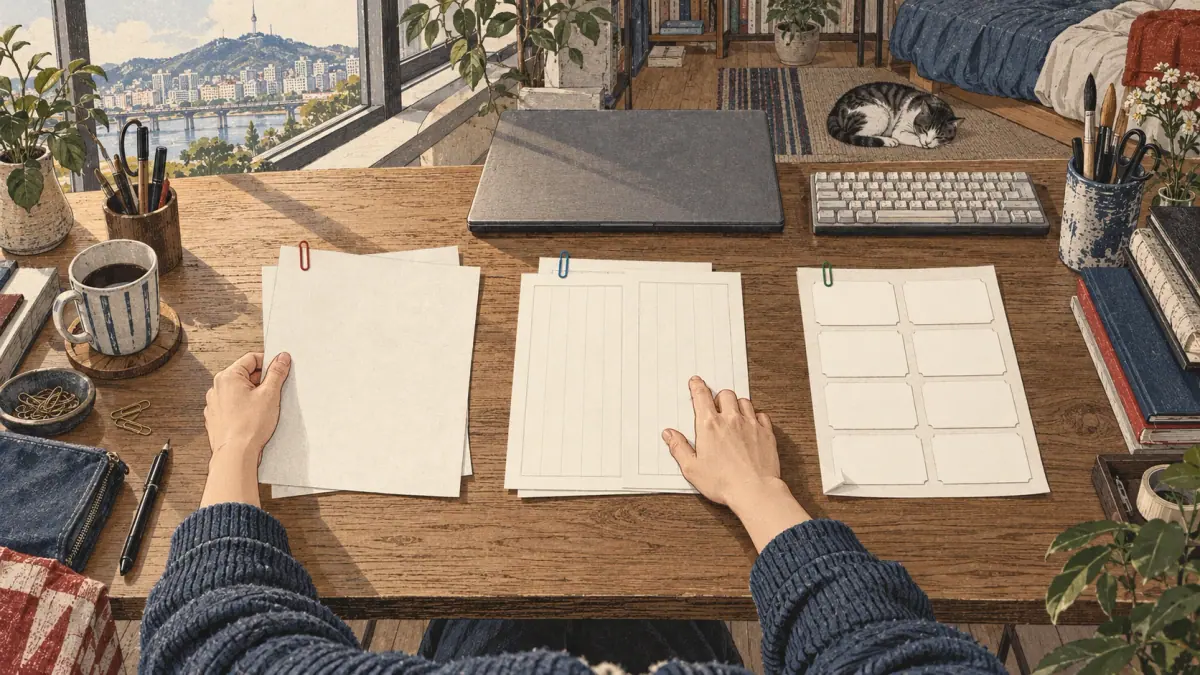 Selecting and using Korean printable study sheets: scene