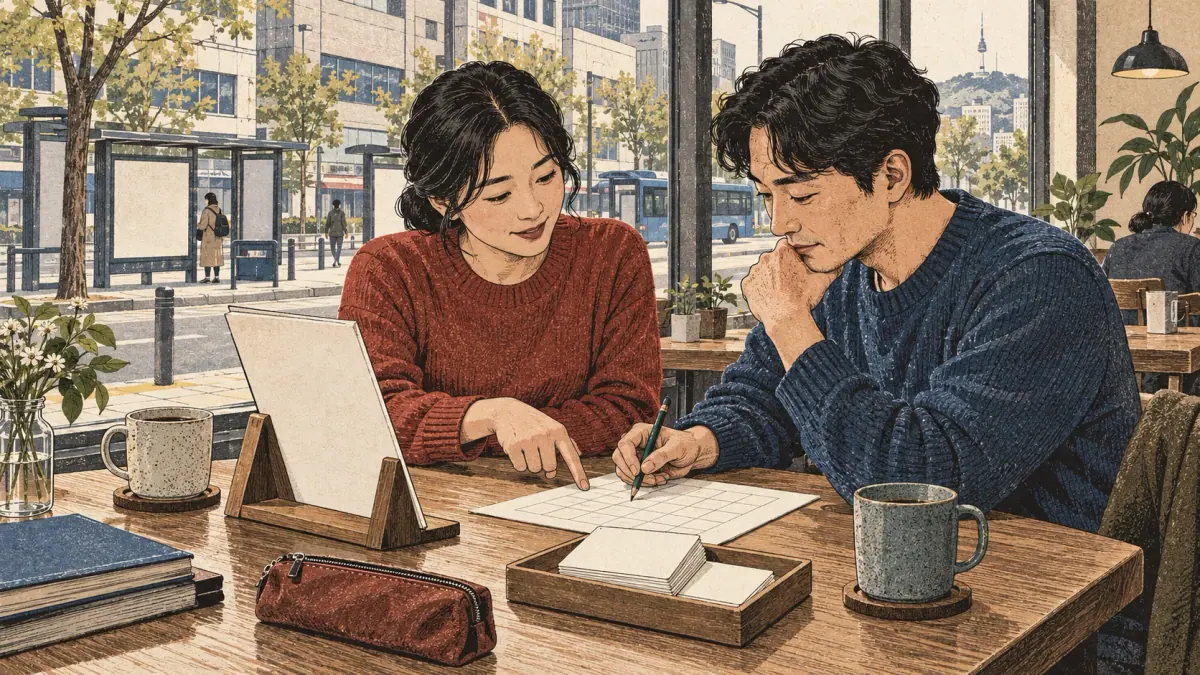 Selecting and using Korean printable study sheets: scene