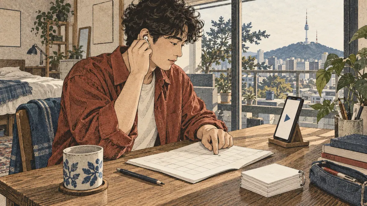 Selecting and using Korean printable study sheets: scene