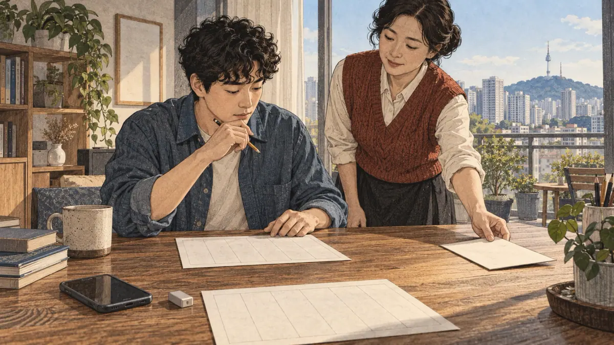 An adult practising and checking the Hangul syllable worksheet: scene