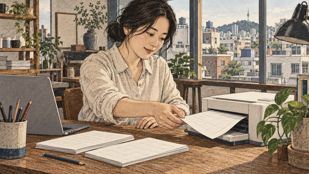 An adult practising and checking the Hangul syllable worksheet: scene