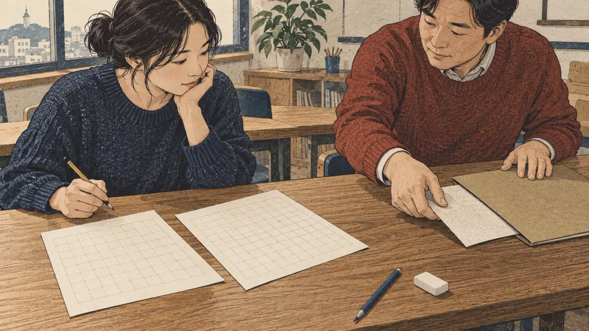 An adult practising and checking the Hangul syllable worksheet: scene