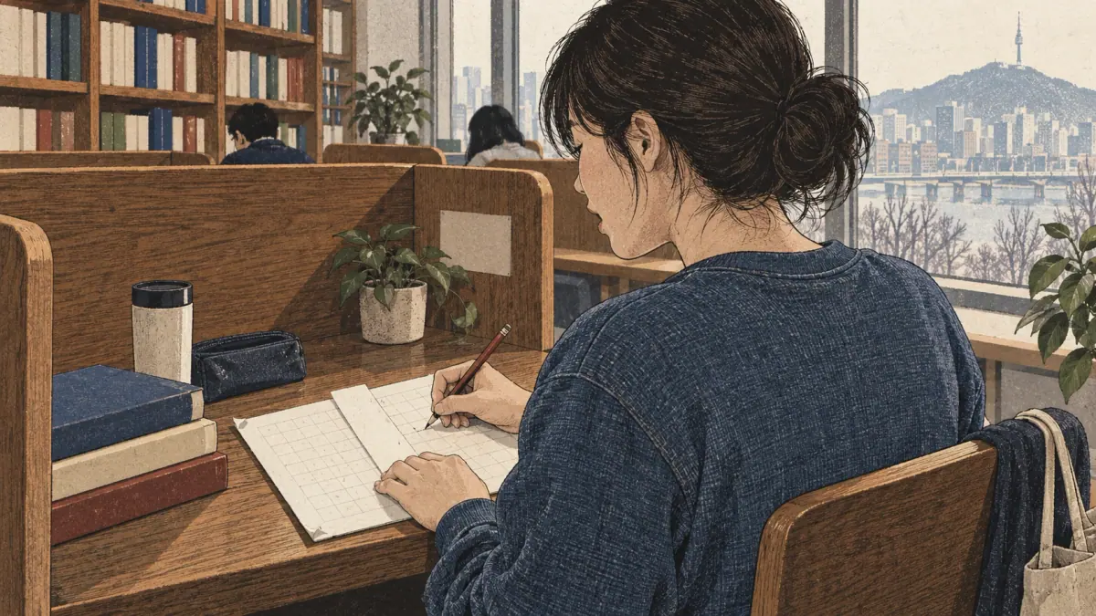 An adult practising and checking the Hangul syllable worksheet: scene