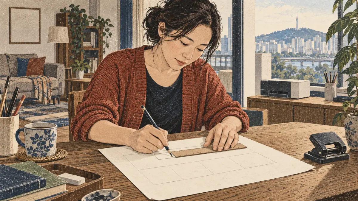 An adult practising and checking the Hangul syllable worksheet: scene