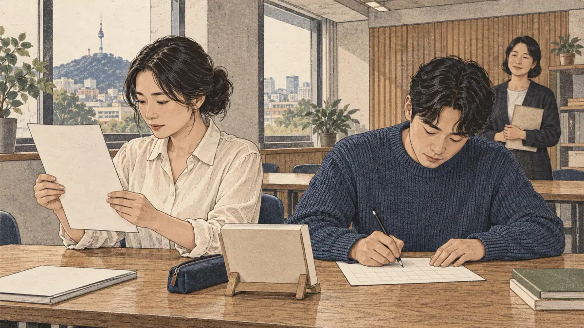 An adult practising and checking the Hangul syllable worksheet: scene