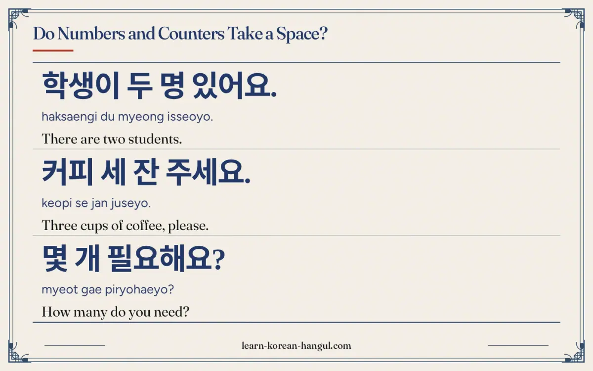 학생이 두 명 있어요. · haksaengi du myeong isseoyo. · There are two students. · Do numbers and counters take a space?