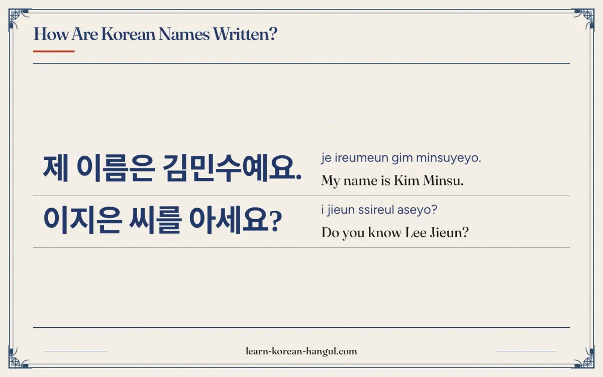 제 이름은 김민수예요. · je ireumeun gim minsuyeyo. · My name is Kim Minsu. · How are Korean names written?