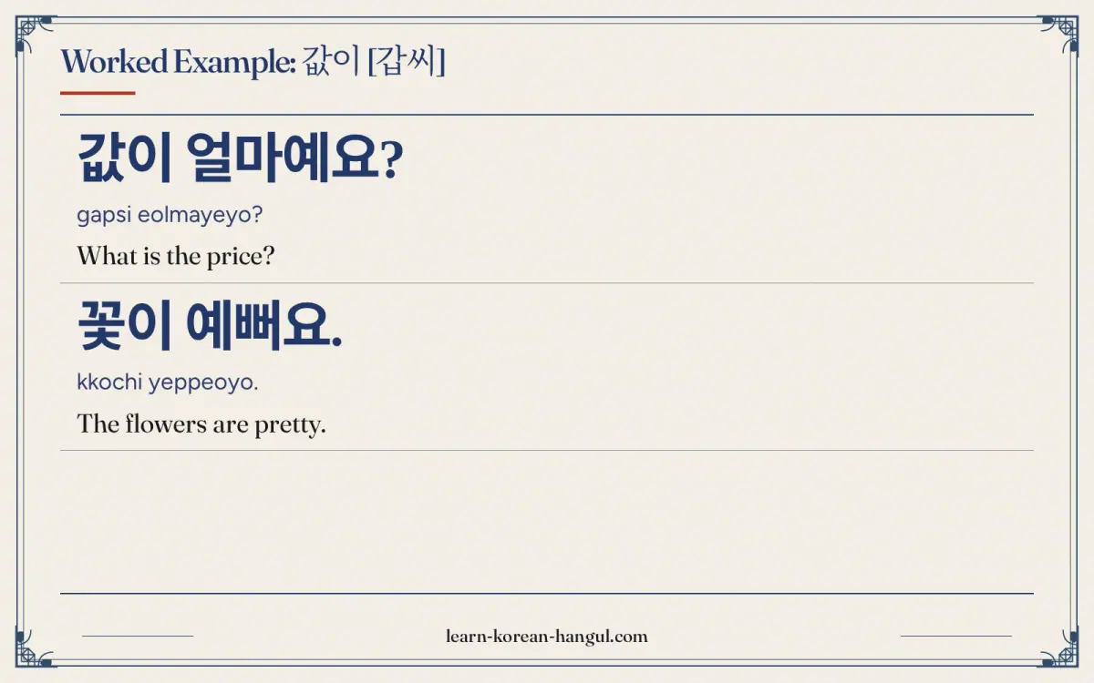 값이 얼마예요? · gapsi eolmayeyo? · What is the price? · Worked example: 값이 [갑씨]
