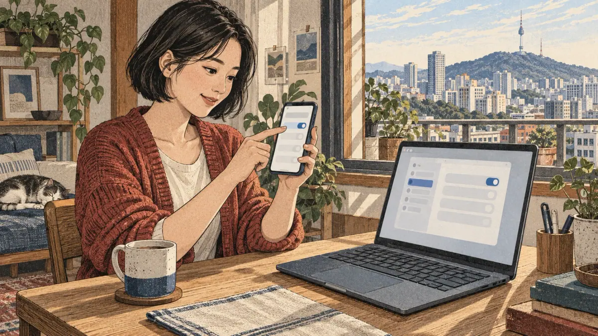 An adult learner setting up keyboard input on a phone beside a laptop in a Seoul apartment.