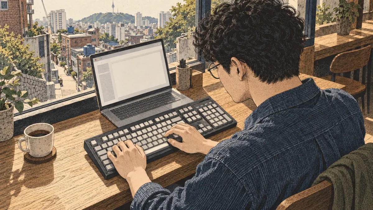 An adult learner practising with both hands on a keyboard at a Seoul café study table.