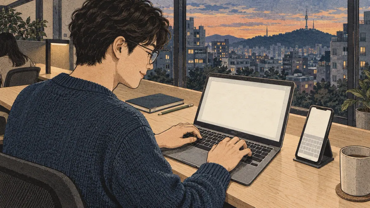 Adult learner practising typing on a laptop beside a smartphone in a Seoul study room.